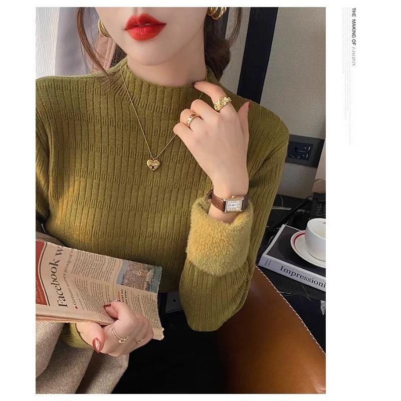 

Bottom shirt women s autumn and winter semi-turtleneck high-end fleece thickened sweater women s lace edge integrated fleece knitted sweater average size [recommended 80-60kg] оливковое зеленый
