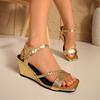 Fashion New Silver Wedge Sandals and Slippers for Summer Women's Square Toe Open Toe Woven Slip Strap High Heels