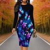 Plus Size Women Long Sleeve Round Neck Midi Dress Vibrant Butterfly Print Fitted Pencil Dress