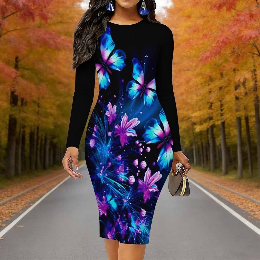 Plus Size Women Long Sleeve Round Neck Midi Dress Vibrant Butterfly Print Fitted Pencil Dress