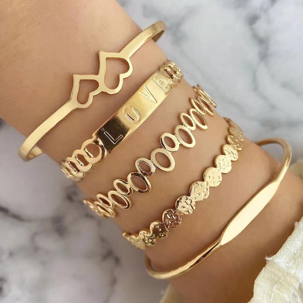 European & American 5-Piece LOVE Bracelet Set: Creative Hollow Bangles with Double Heart Design