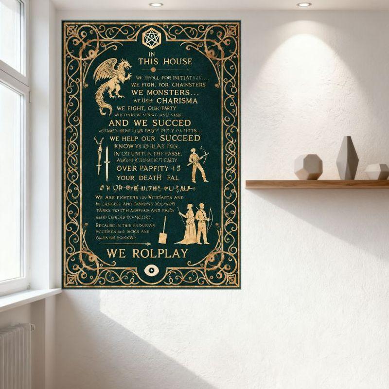 Vintage Teal Fantasy RPG House Rules Metal Tin Sign, Dungeons & Dragons Style Wall Decor with Dragon, Sword, Bow Icons, 'In This