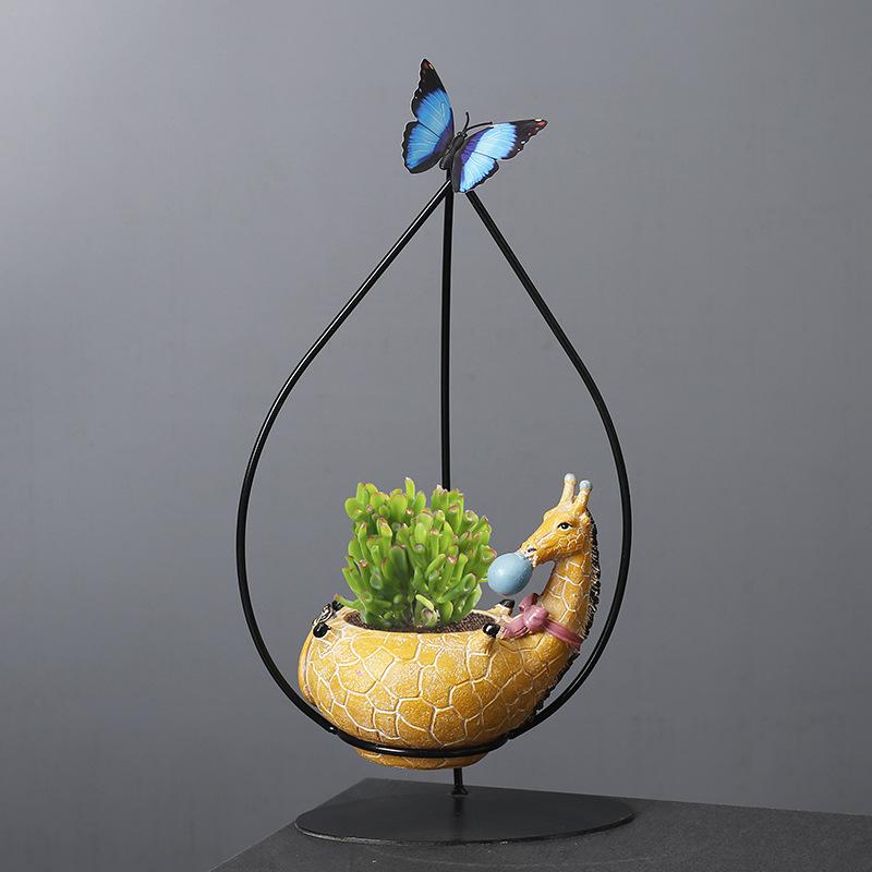 Creative Wrought Iron Hanging Wenzhu Succulent Small Green Plant Flower Pot Cartoon Resin Animal Cradle Flower Pot Desktop Decoration