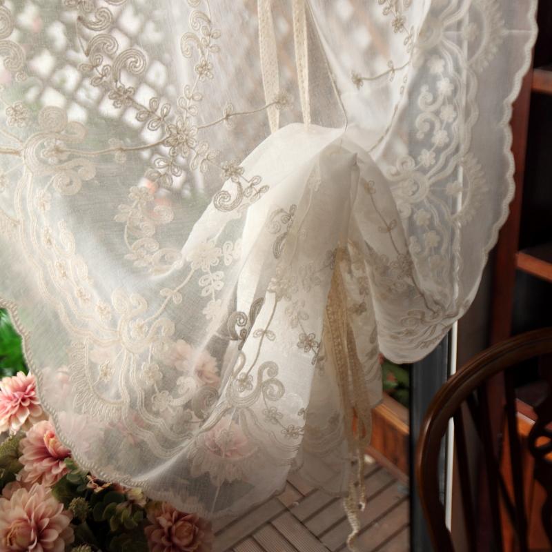 Cortina de globo de hilo bordado de tul, cortinas de globo enrollables de lino ligero, cortinas opacas ajustables con lazo, bolsillo para barra de ventana con persiana romana