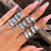 Retro And Old Totem Turquoise Pattern Joint Ring, Ethnic Style Metal Flower Plate Ring Set.