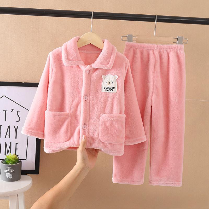 

Детские мягкие фланелевые пижамные комплекты для мальчиков и девочек, осенне-зимняя утепленная домашняя одежда, детские комплекты одежды для сна с длинным рукавом и отворотом 140 розовый
