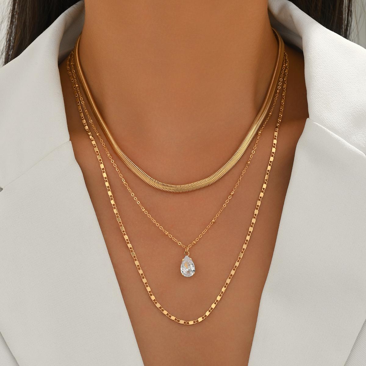 3 Piece Layered Snake Chain Necklace Set Gold Teardrop Crystal Pendant Dainty Minimalist Summer Jewelry