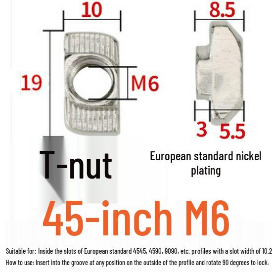 European Standard T-Nut - Rear-Mounted T-Shaped Hammer Head for Aluminum Profile (M4, M5, M6, M8) 20/30/40/45.