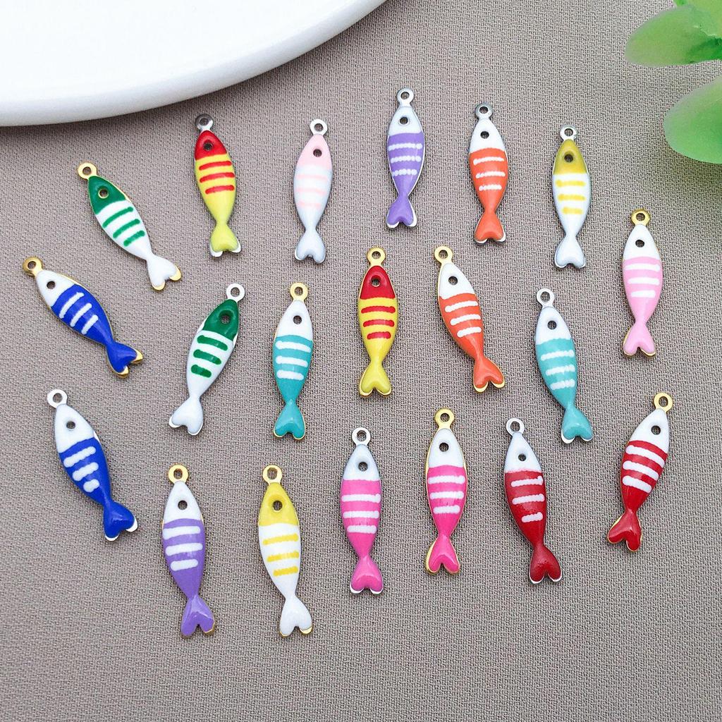 Stainless Steel Double-Sided Enamel Striped Fish Pendant for DIY Jewelry