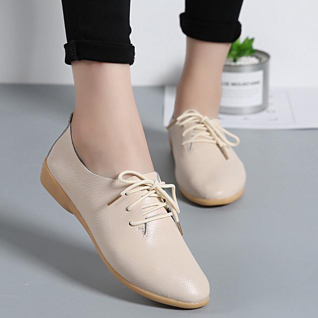 

Women Ladies Female Mother Leather Shoes Flats Loafers Cow Genuine Leather Pigskin Lace Up Moccasins 35-41 XXH-929 35 бежевый