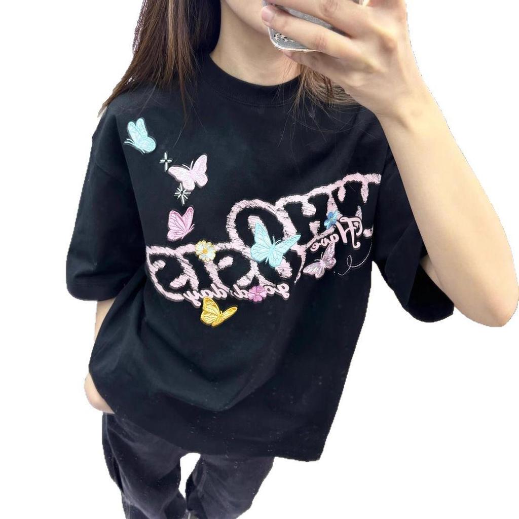 Women's American Retro Cotton Embroidered Short-Sleeve T-Shirt - Loose Fit, Versatile Summer Style
