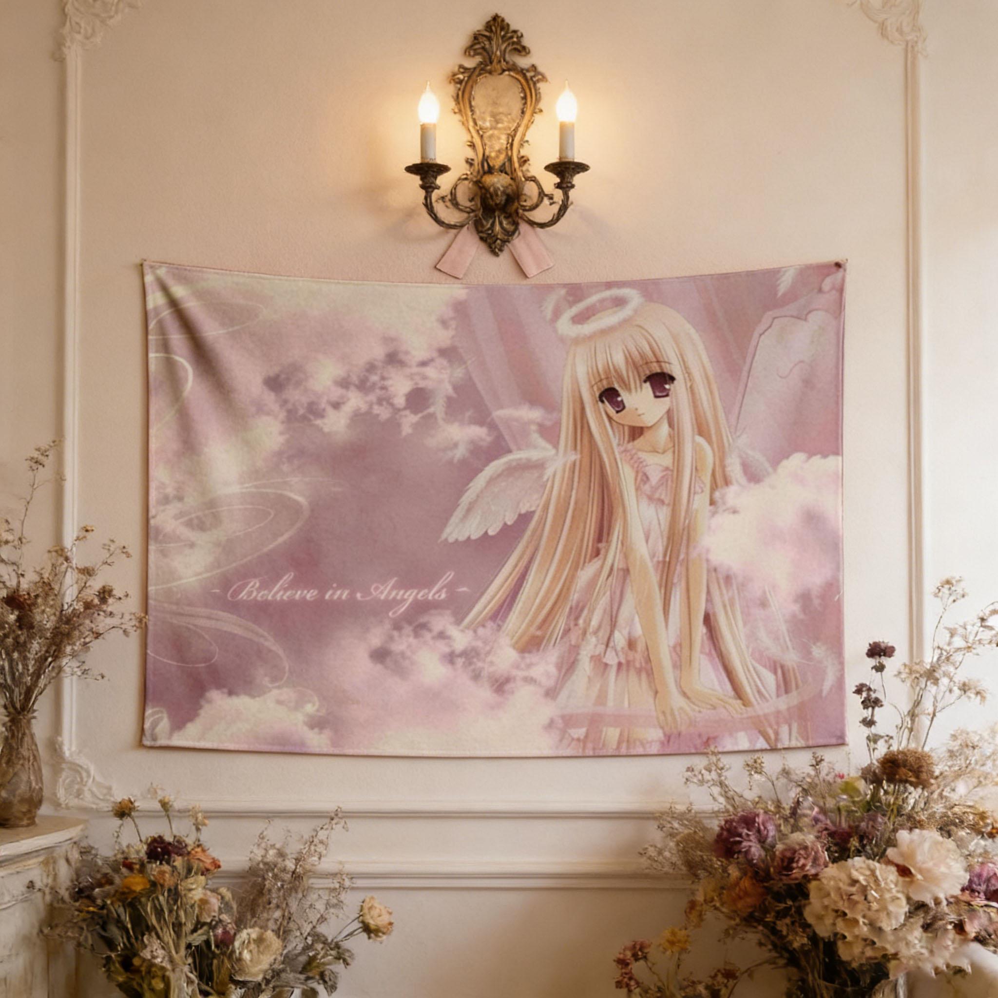 Jmg Household Supplies Unisex Pink 2D Angel Anime Tapestry, Pastel Kawaii Egirl Aesthetic Wall Art For Bedroom & Dorm Decor