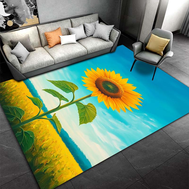 Sunflower Pattern Carpet with Bright Yellow and Blue Landscape Suitable for Use As an Anti-slip for Living Room Bedroom Sofas