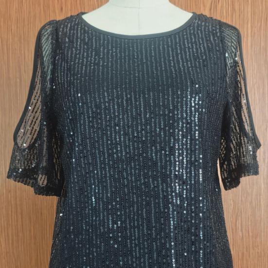 Damen Oberteile Rundhals Schulterfrei Kurzarm Pullover Tops Glänzende Pailletten Sexy Party T-Shirt Urlaubs-Date-Kleidung