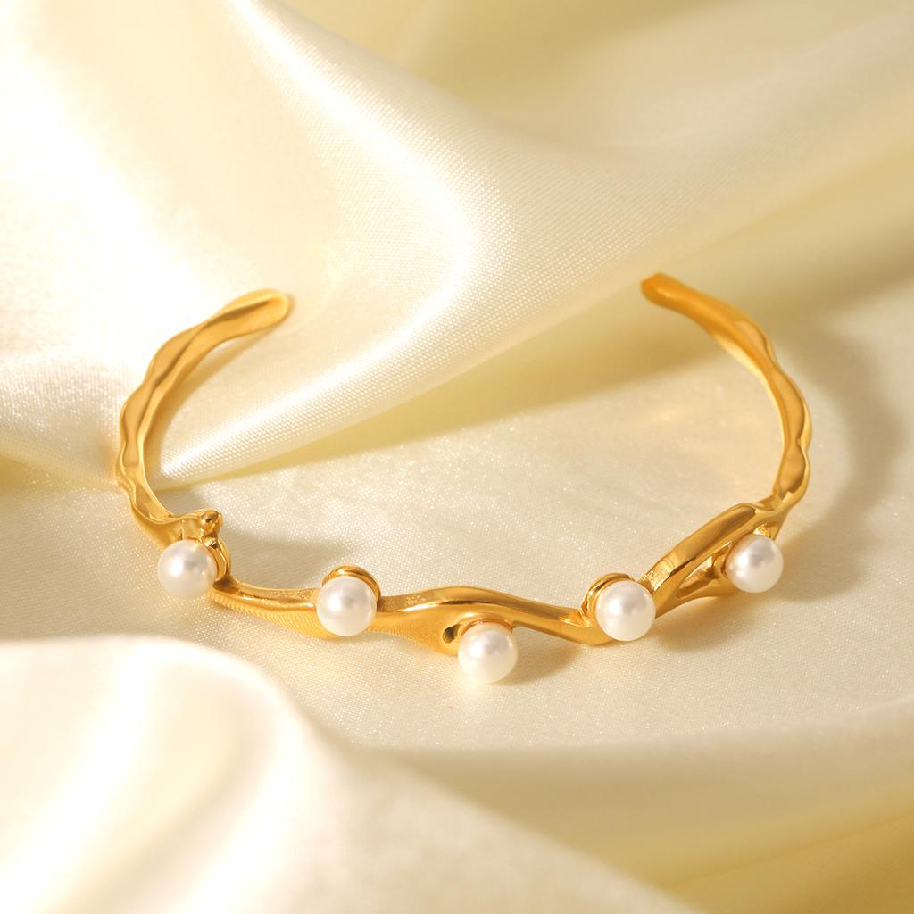 Stainless steel irregular elegant high-end pearl open bangle, non-fading titanium steel bracelet