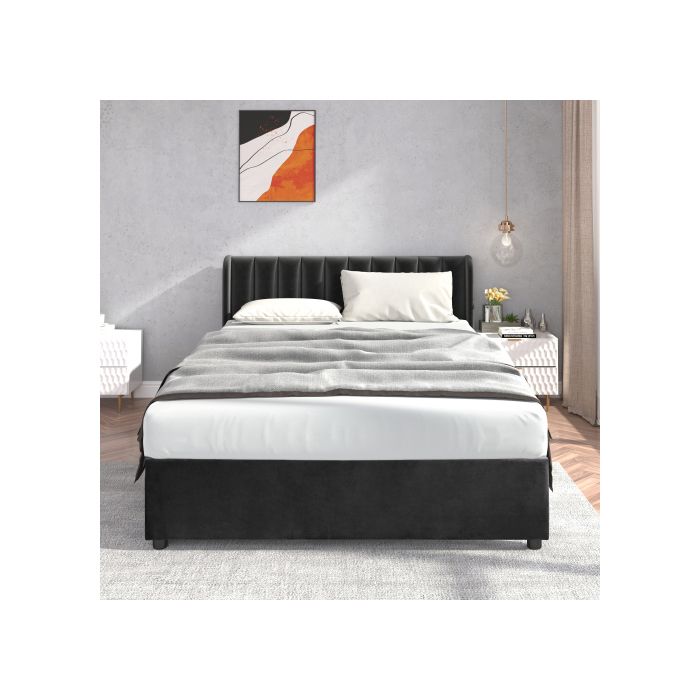 Bed - MUVOE - 160 X 200 Cm - Black Velvet - 2 Drawers - Slatted Base