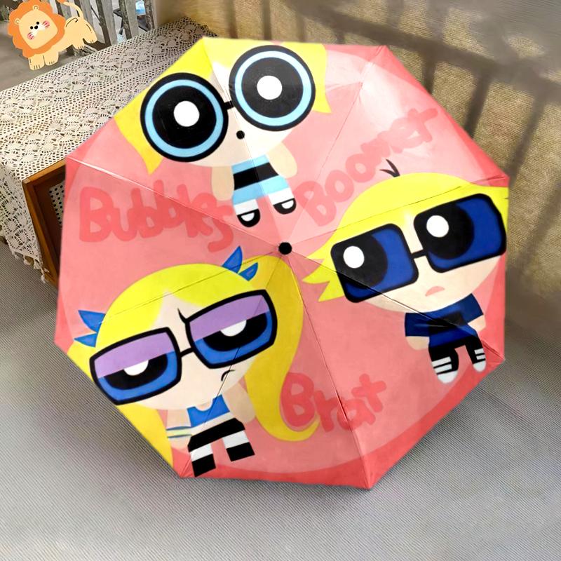 1PC The Powerpuff Girls Umbrella Portable Folding Umbrella Iron Frame Hole Bone Structure Outdoor Home Umbrella A4