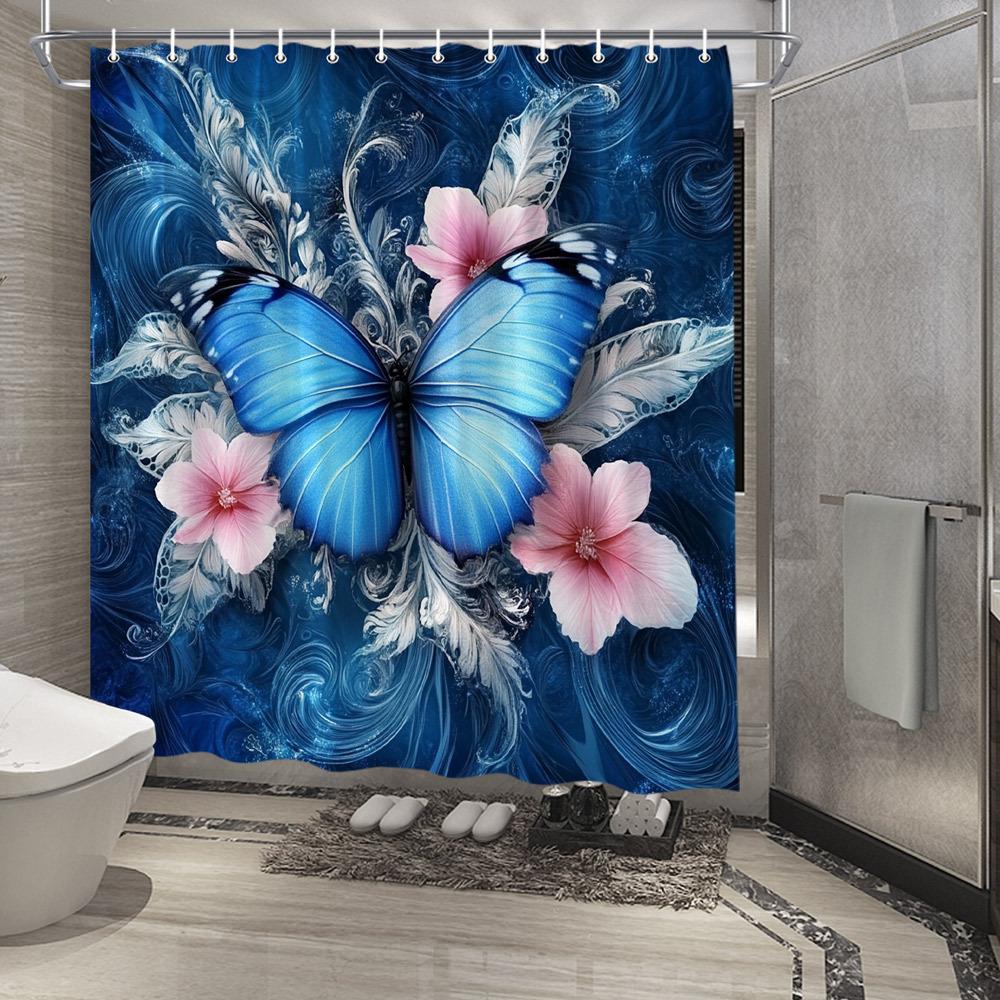 

1Pc Blue Butterfly & Pink Flowers Shower Curtain - Realistic Polyester Fabric Bathroom Decor With Black Wing Tips, Includes W60H190(CM)-1 Pcs