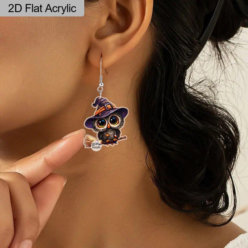 2D Flat Cute Acrylic Witch Hat Broom Owl Hanging Earrings Ladies Halloween Accessories Charm Jewelry Gifts