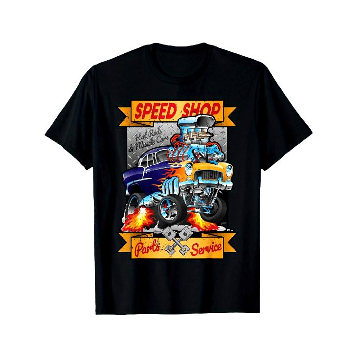 Men S Heavyweight 220gsm Vintage Hotrod Muscle Car T-Shirt - Retro 1950s-60s Speed Shop Design with Classic & Orange Drag Racing Cars, Flames & S чёрный