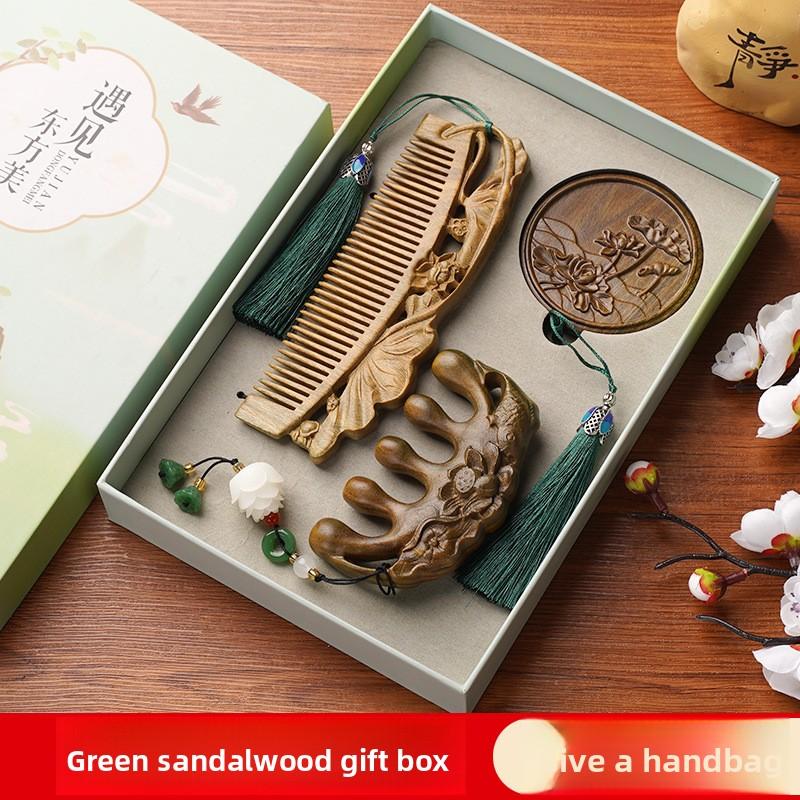 Green Sandalwood Gift Box Comb for Women, Gift Comb Set for Girlfriend, Mom, Head Meridian Nourishing Hair Massage Comb