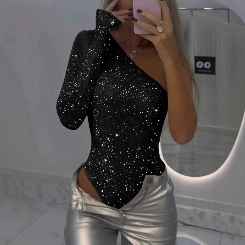 JKASHDK Women's Fashion Casual Solid Color Print Spring Autumn Long Sleeve Oblique Collar Bodysuits