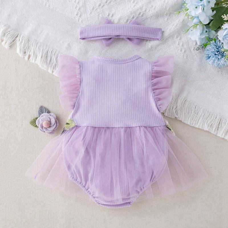 Infant Baby Flower-Embroidered Romper Mesh Dress with Headband