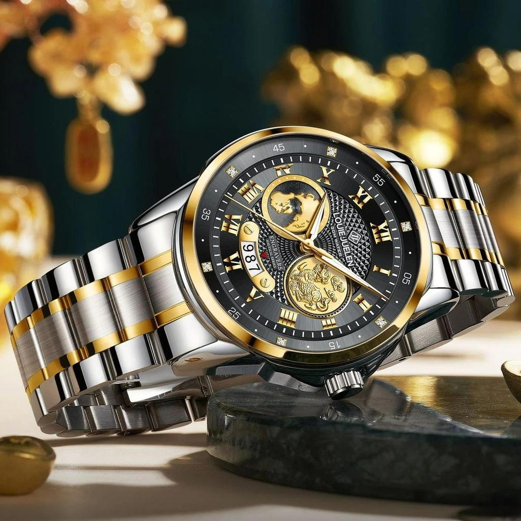 Luxury Gold Engraved Watch for Men Stainless Steel Waterproof Business Quartz Wristwatch with Date, Ideal Gift for Father's Day & Anniversaries