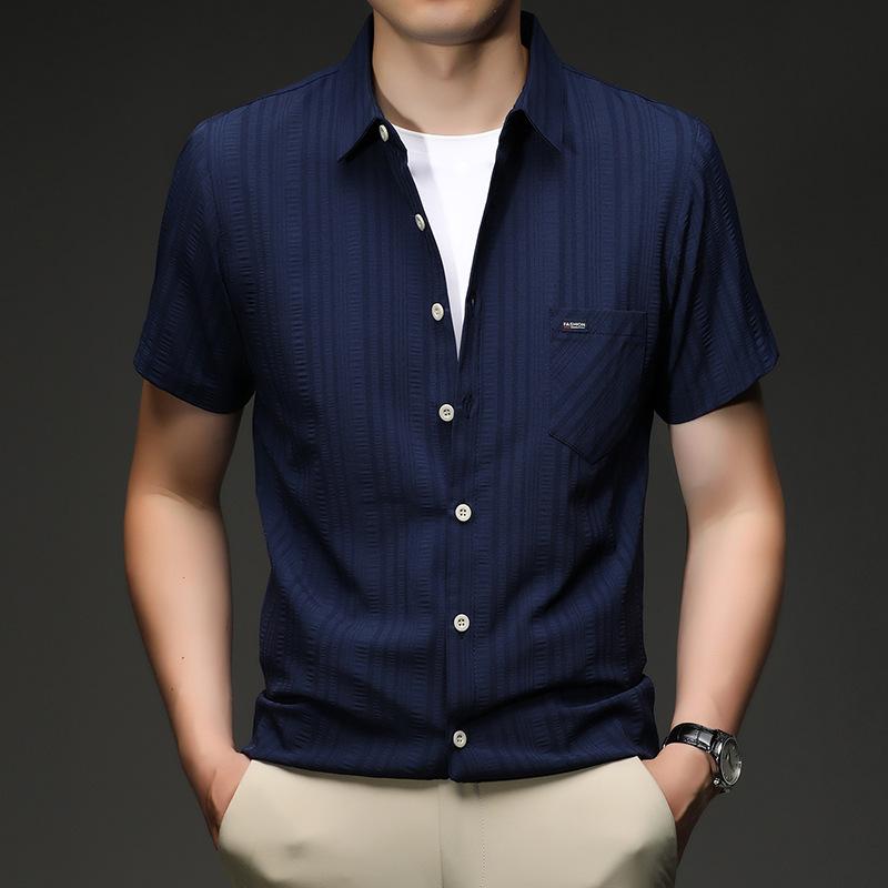 Men s Ice Breathable Striped Short Sleeve Shirt Wind Business Casual Wrinkle-Resistant Summer Shirt M