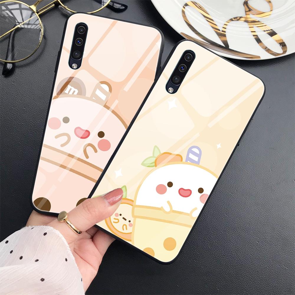 Cartoon Cute Milk Tea Case For Samsung Galaxy A52 A70 A71 A73 A53 A13 5g A03 A72 A22 A21s A03 Core A42 Tempered Glass Cover