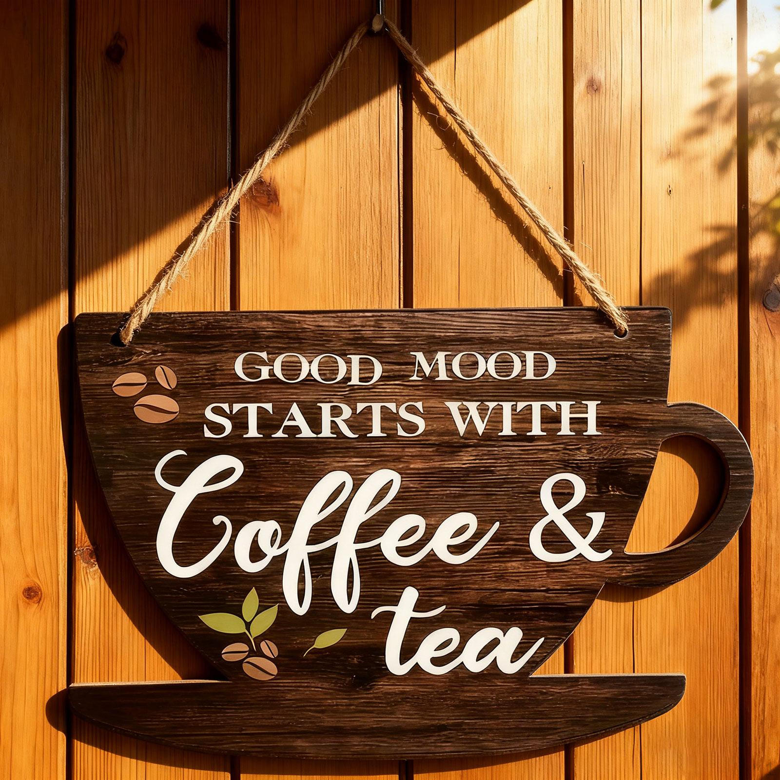 

Coffee Bar Door Sign Cup Plaque Rustic Vintage with Rope Wooden Wall Hanging Business for