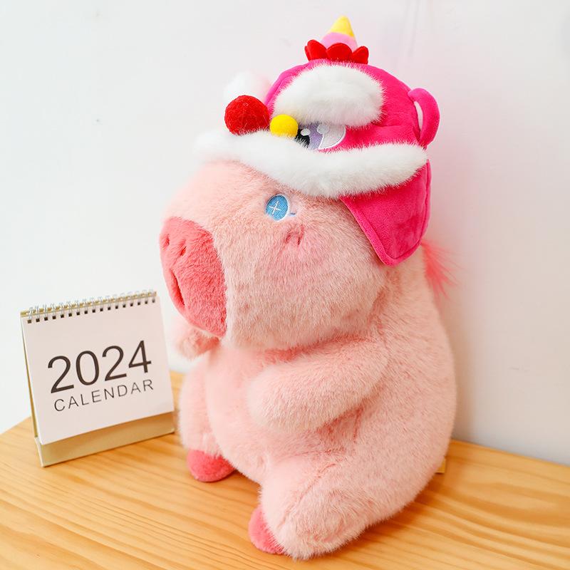 New Pink Capybara Plush Doll Cute Lion Dance Hat Capibara Anime Fluffty Toy Kawaii Plushie Gift for Girlfriend Stuffed Pendant