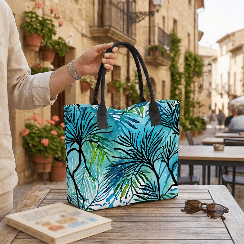 Tropical Leaf Print Canvas Tote Bag Casual Daily Lightweight Travel Handbag