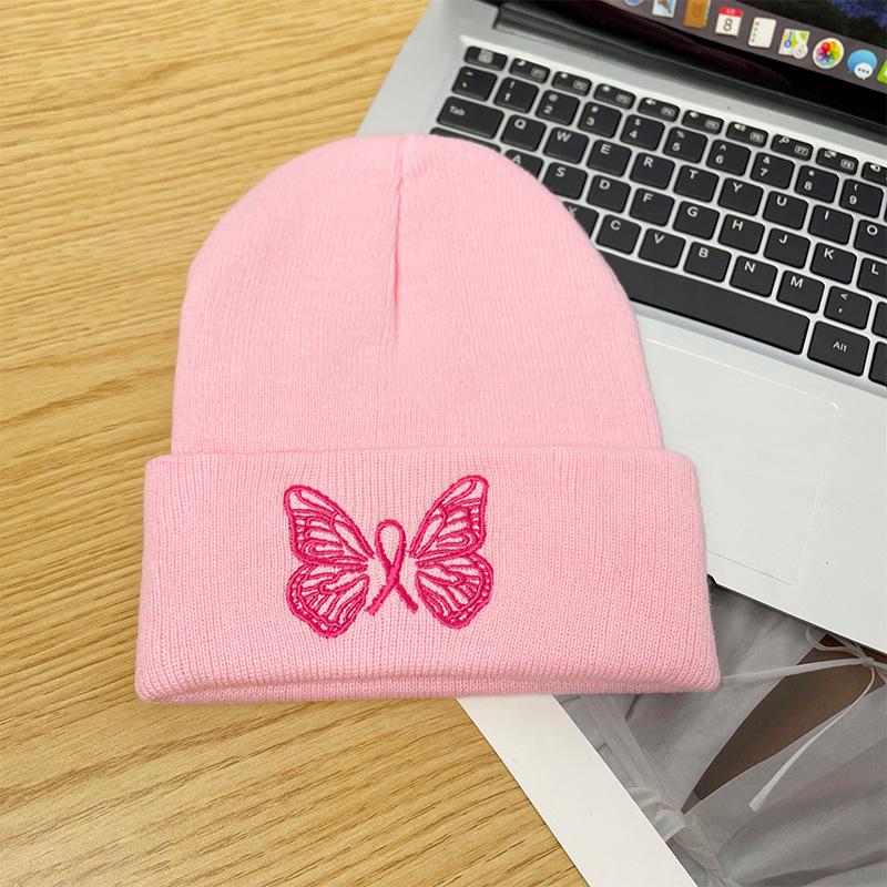 Embroidered butterfly knitted hat women's warm cold hat big head circumference ear protection pullover hat versatile bag head wool hat