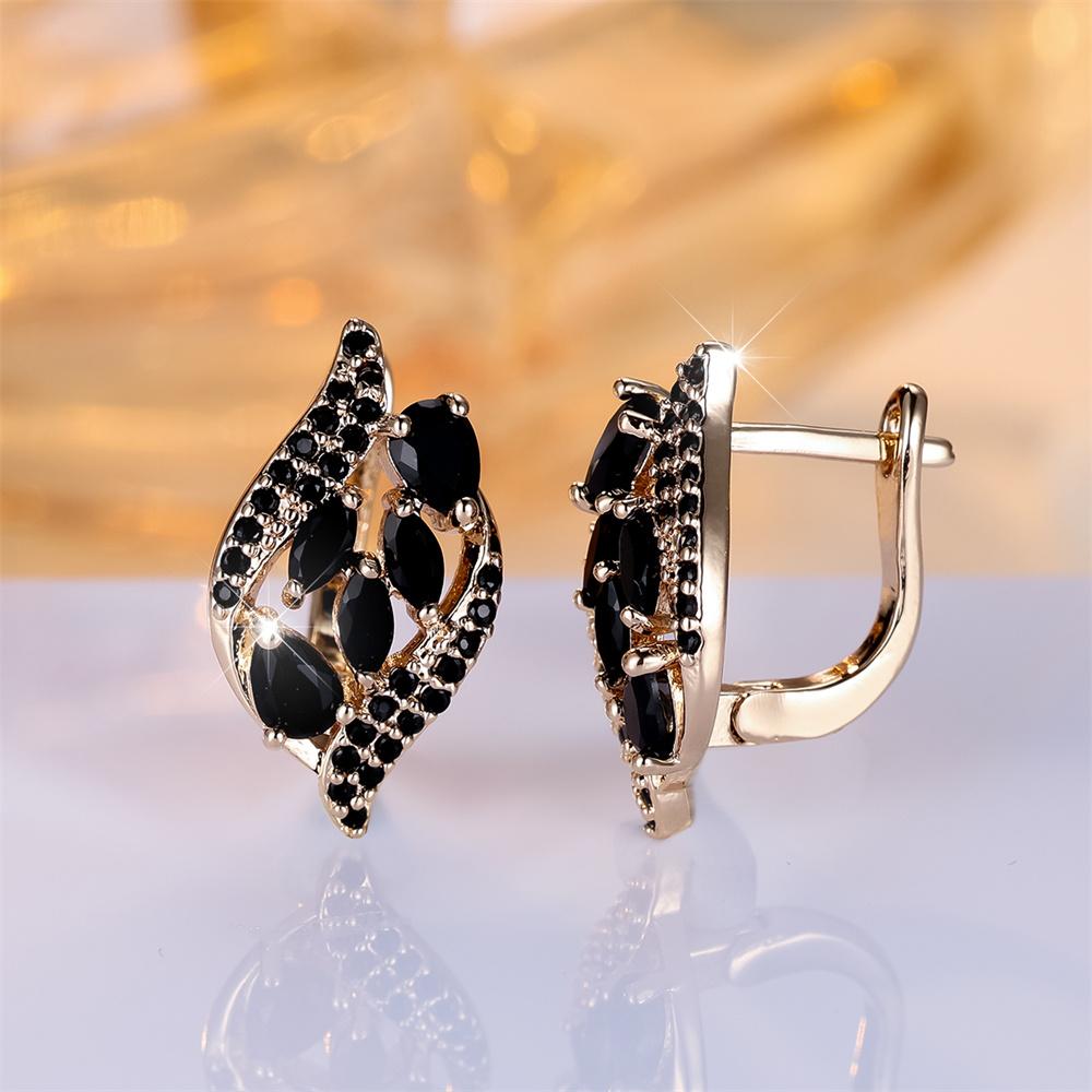 Antique Black Zircon Marquise Stone Hoop Earrings For Women Vintage Gold Color Ear Buckle Wedding Jewelry Engagement Party Gifts