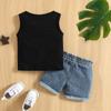 Baby Toddler Boys Summer Outfit Set Round Neck Sleeveless Letter Print Tank Tops with Ripped Denim Shorts
