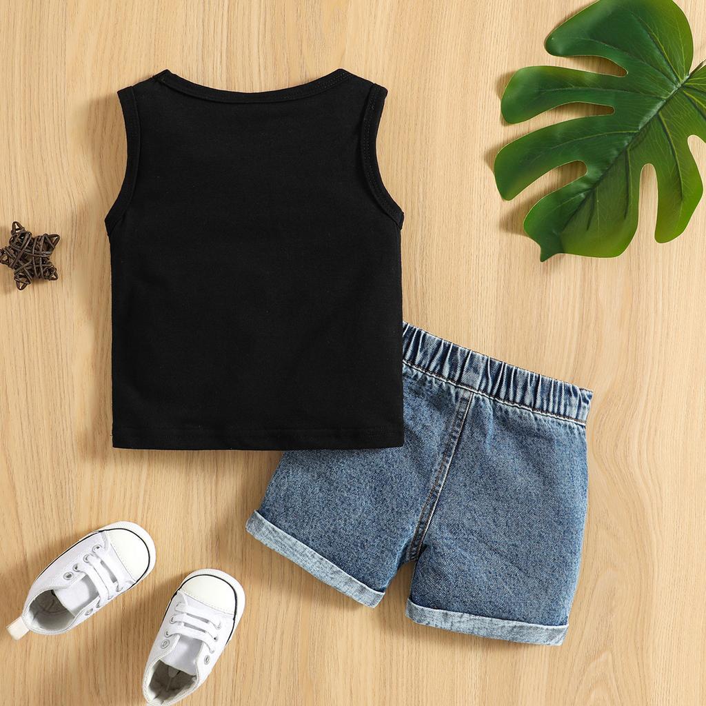 Baby Toddler Boys Summer Outfit Set Round Neck Sleeveless Letter Print Tank Tops with Ripped Denim Shorts
