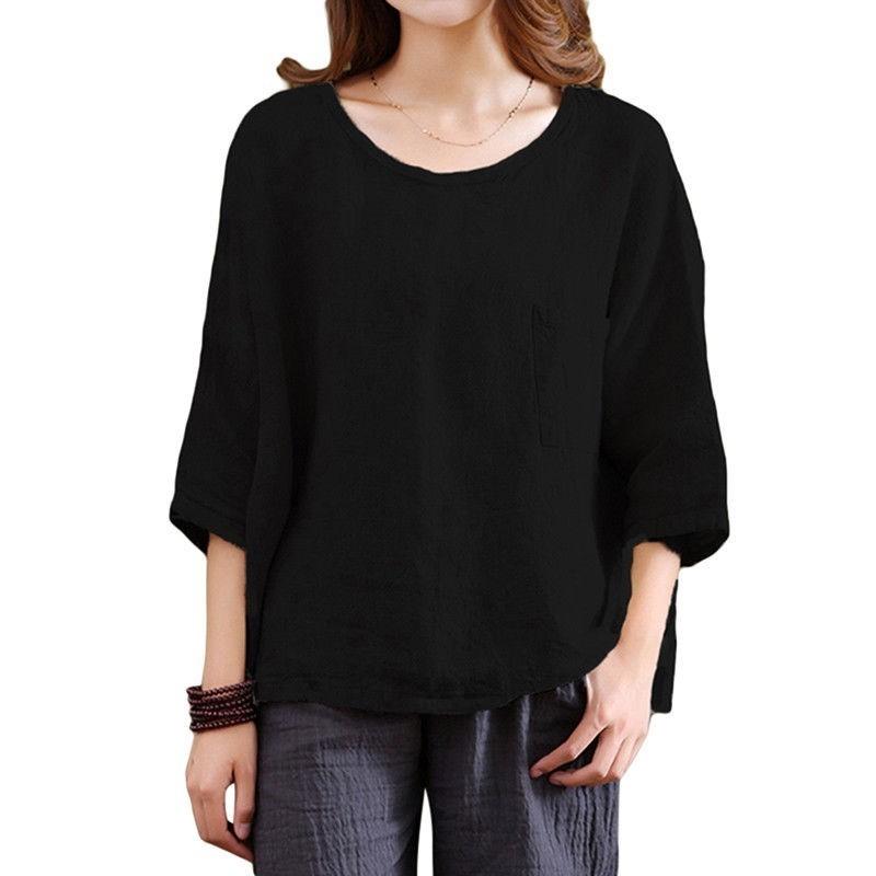 Vintage Women 34 Sleeve O Neck Cotton Linen Loose Casual Shirt Top Blouse