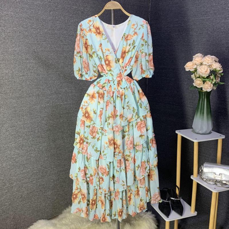 V-neck bubble sleeve printed dress women's summer new women's clothing high-end pleated cake skirt elegant style