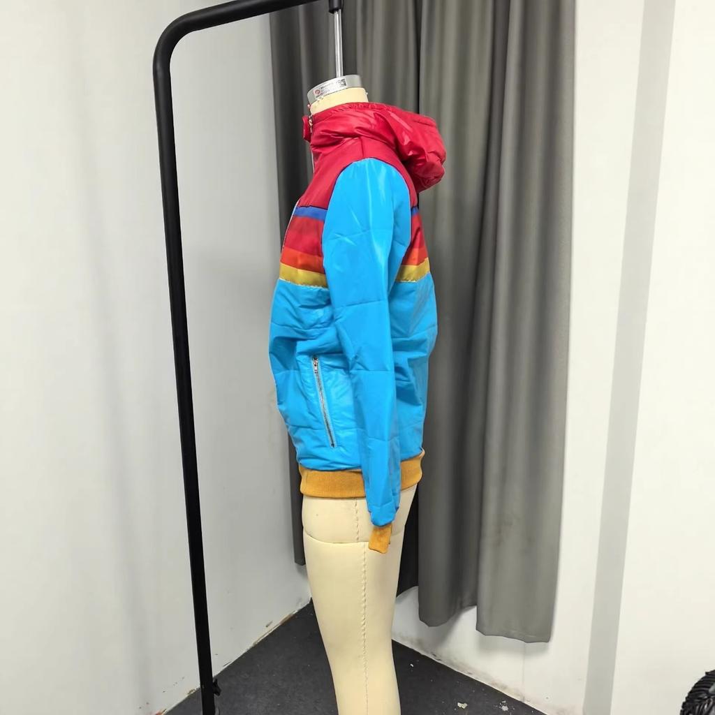 New Women's Casual Cropped Printed Hooded Padded Jacket, Fall Winter Color Block Cotton Parka For Women