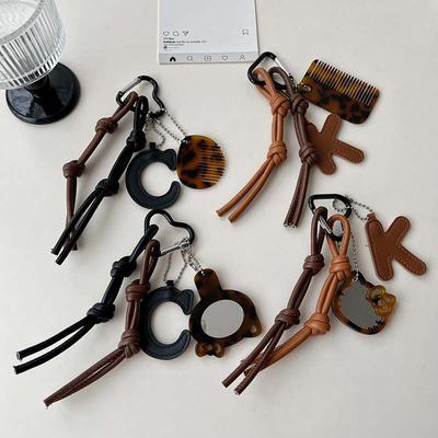 Ins Letter Leather Braided Rope Keyring Creative Comb Mirror Keychain Bag Pendant Backpack Hanging Decoration Key Accessories