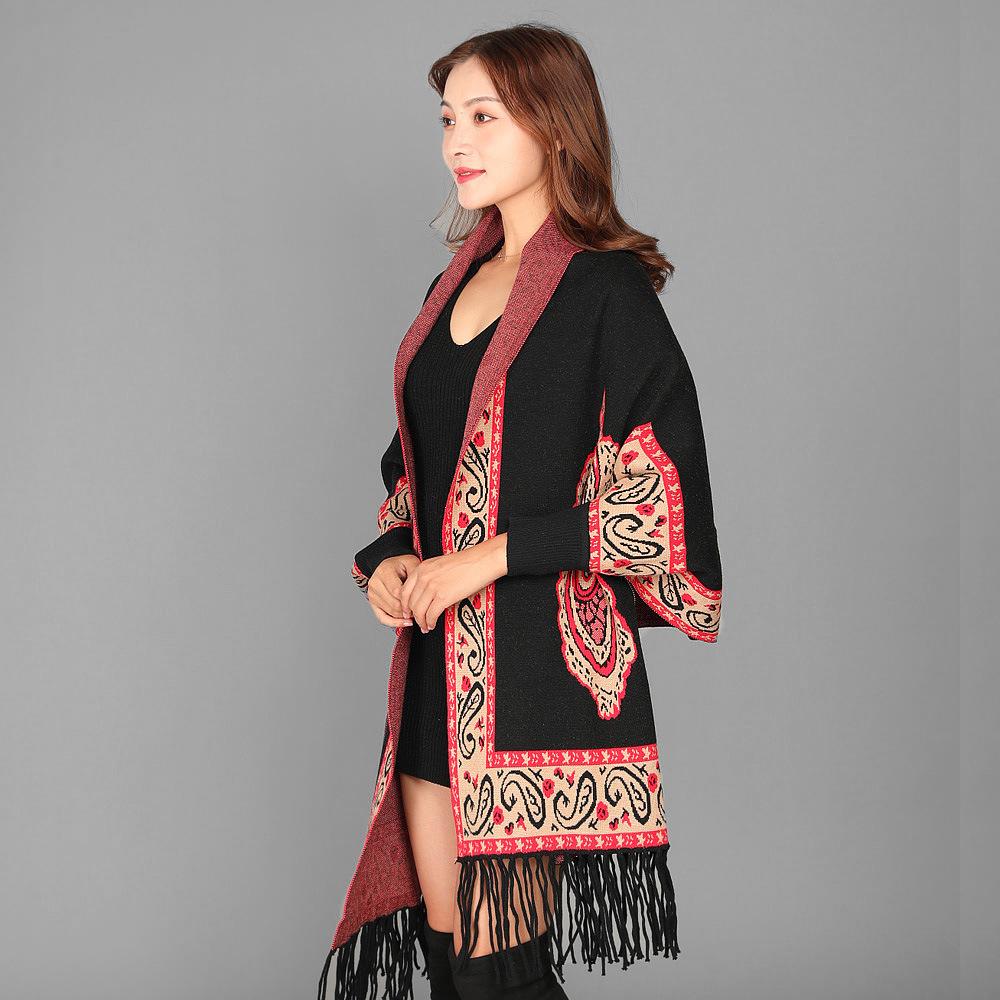 Sleeved Ethnic-style Shawl Cheongsam with Paisley Pattern for Women, Autumn and Winter Warm Cashmere Red Scarf Cape Coat with Tassels