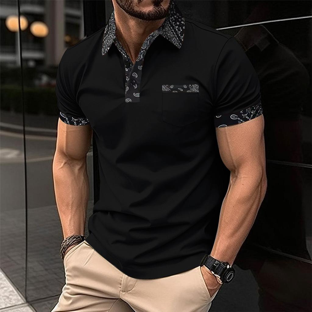 Men's Fashion Collar Print  Loose Polo Shirts Short Sleeve Turn-down  Solid Color Simple T-shirt Top
