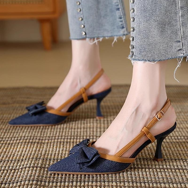 

Fashion Denim Blue Summer High Heel Women s Sandals Fashion Mules for Ladies Butterfly-Knot Party Dress Shoes 40