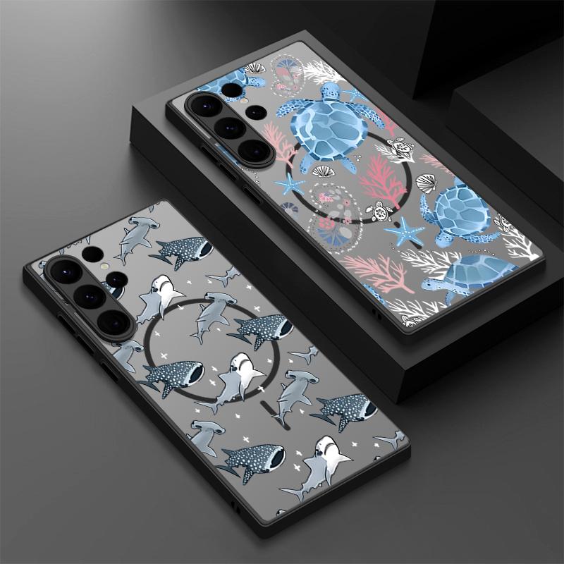 Magnetic Phone Case For Samsung Galaxy S25 Edge S24 S23 Ultra S22 Plus S21 S20 S24 FE For Magsafe Sea Turtles Whales Matte Cover