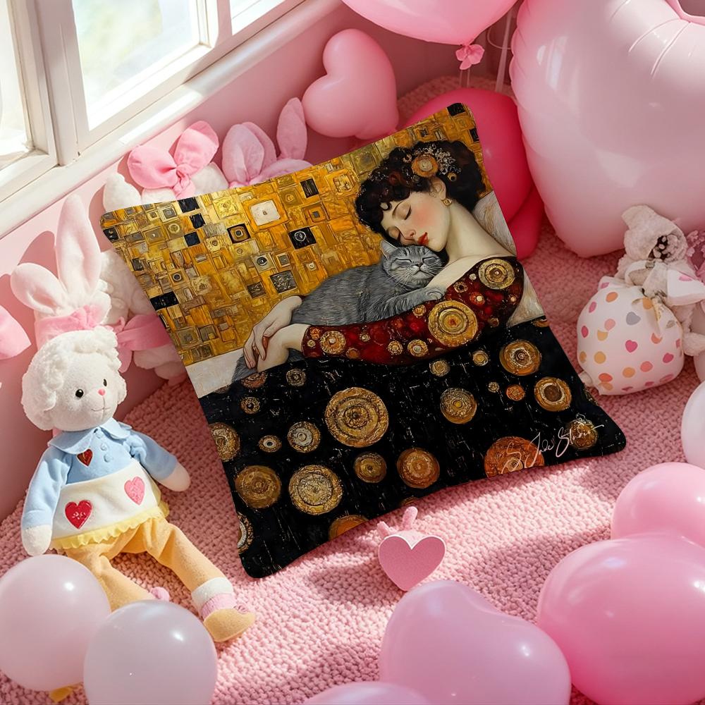 Gustav Klimt Oil Painting Cushion Cover Pattern Printed Pillowcase for Living Room Sofa Cushion Cover & Bedroom Decor