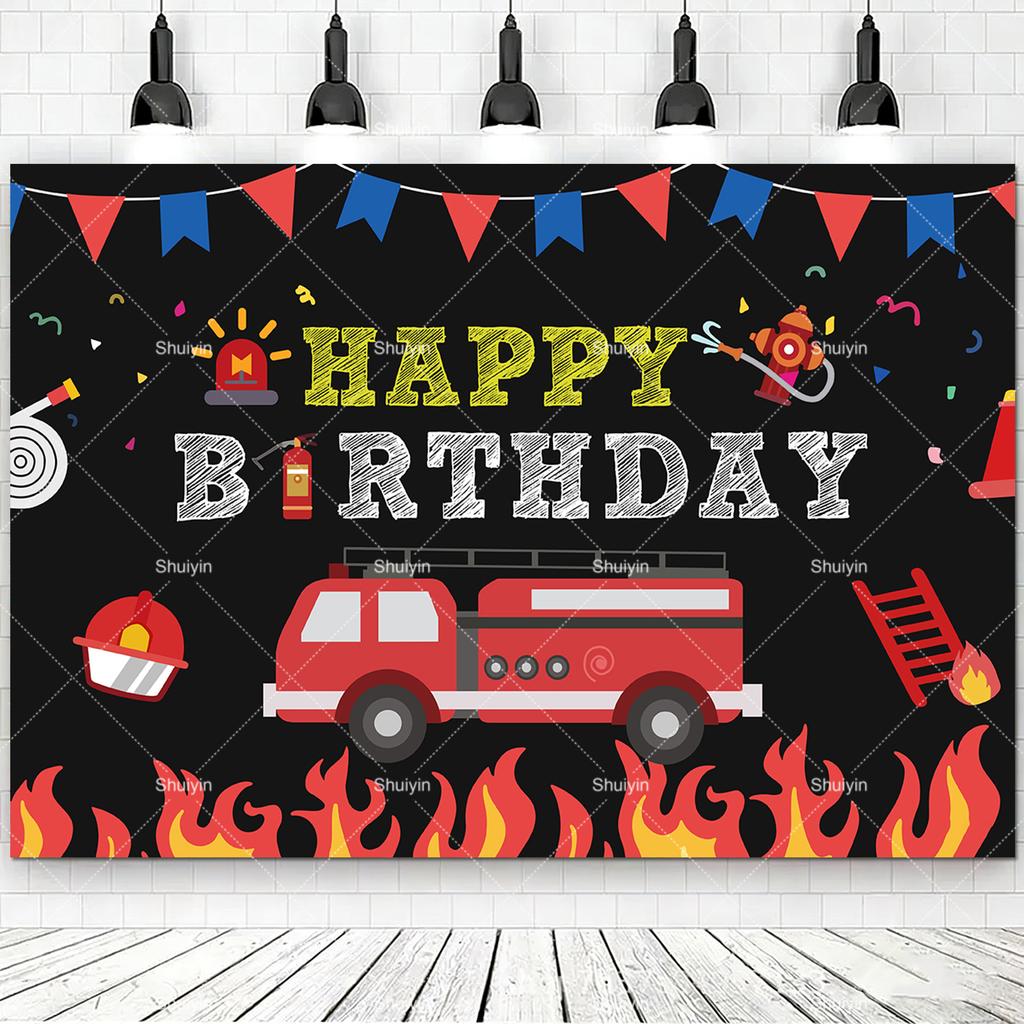Cartoon Firefighter Firetruck Theme Backdrop Red Flame Fireman Boy Birthday Decorations Party Supplies Photography Background