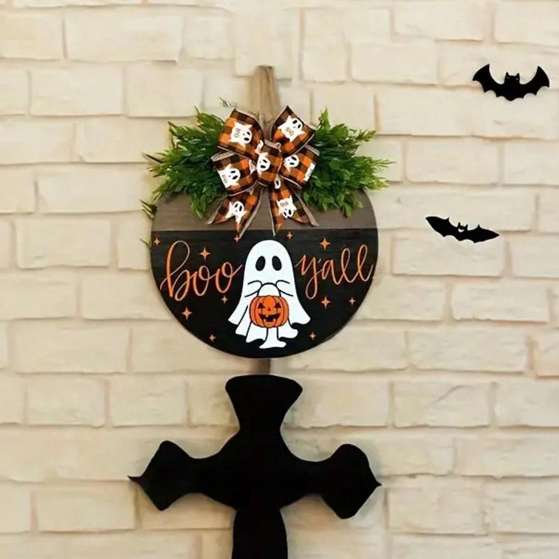 Halloween Wooden Door Hanging Decor - Welcome Sign with Ghost, Pumpkin and Autumn Ribbon Home Decor Halloween Decor Room Decor