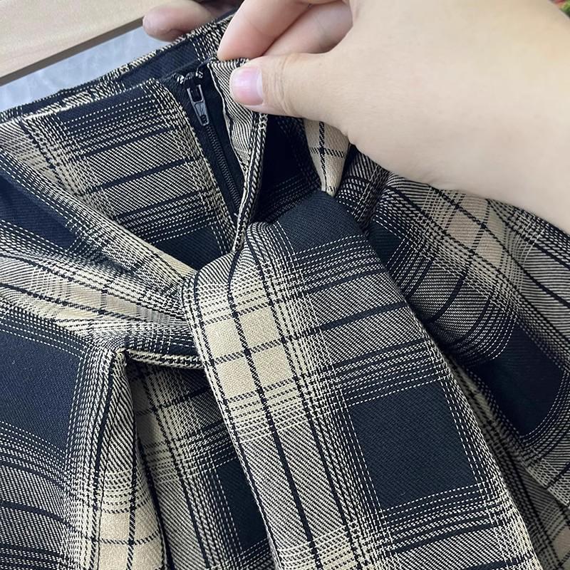 Stylish 2025 Women's Plaid Midi Skirt: Tie-Up, Irregular Hem, High Waist, Slimming Design