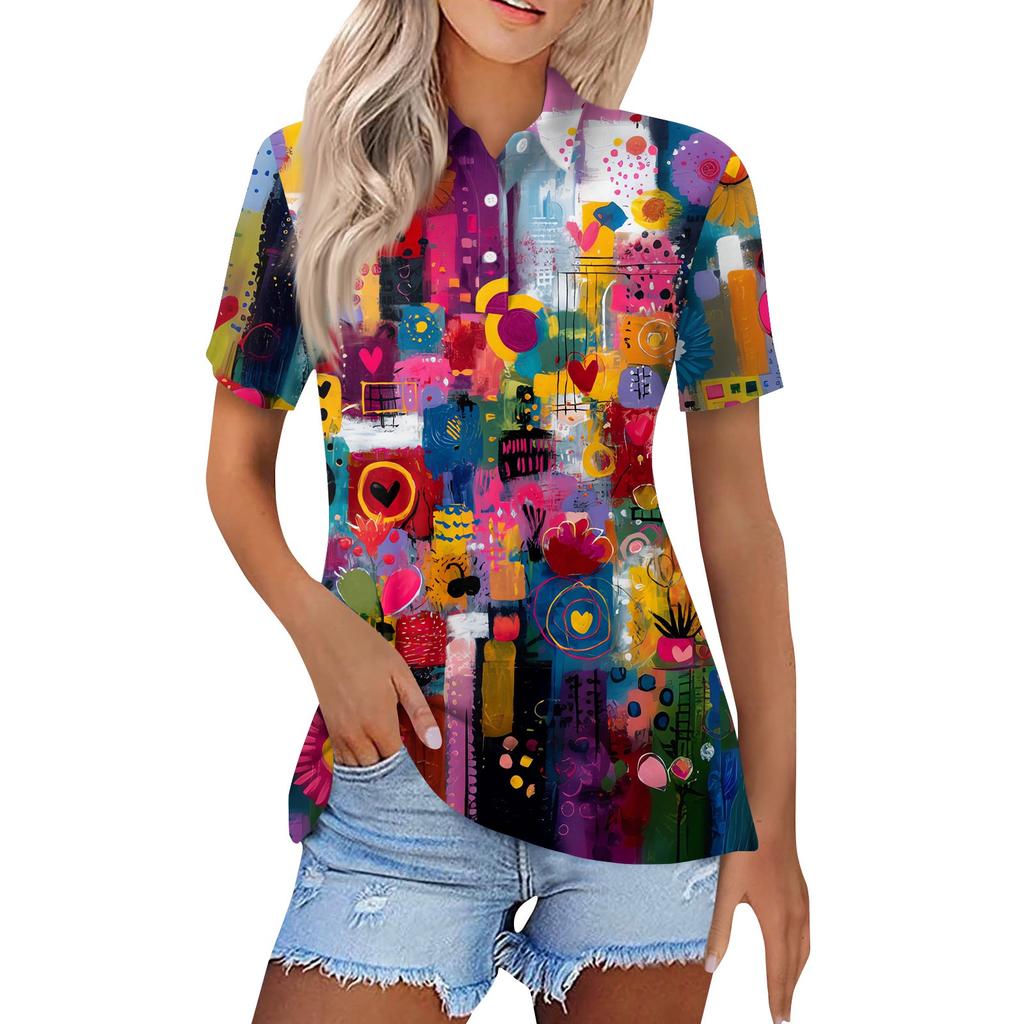 Women's Fashion Casual Lapel Short Sleeve Printed Shirt Women's Button Up Tops